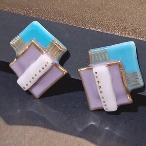 * Vintage 80s Look Pink & Turquoise Glass Clip On Earrings